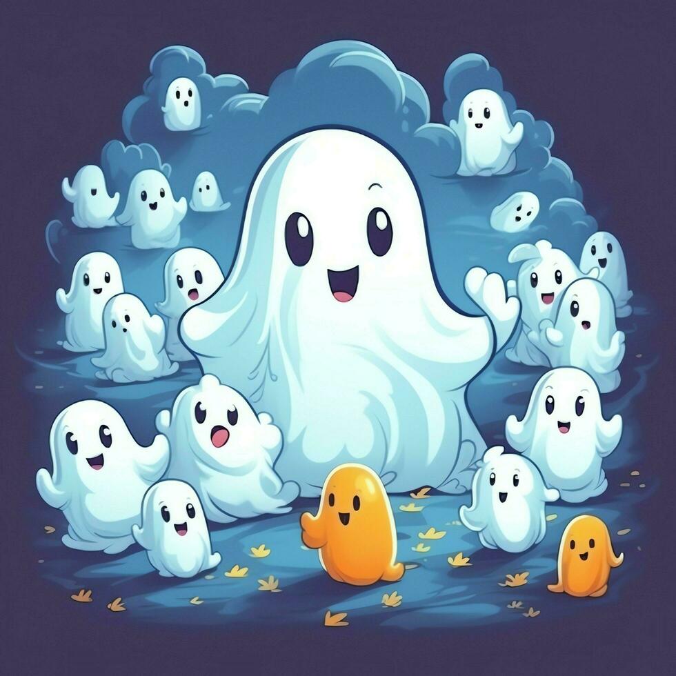 A funny ghosts on halloween celebration in a cemetery at night in cute cartoon style. Halloween by AI generated photo