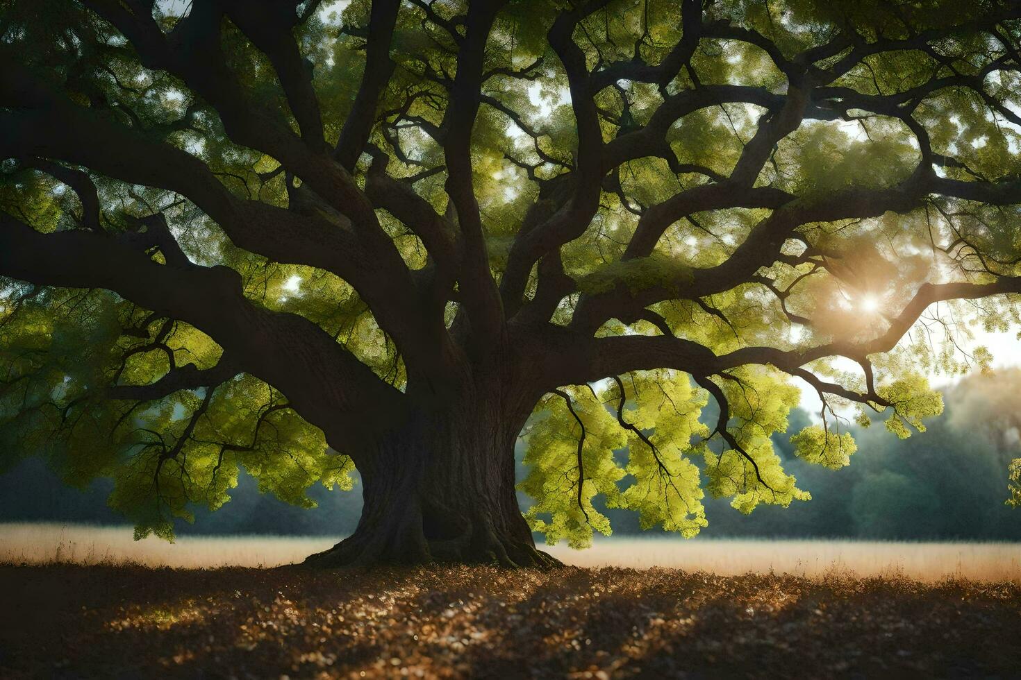 the sun shines through the leaves of an old oak tree. AI-Generated photo