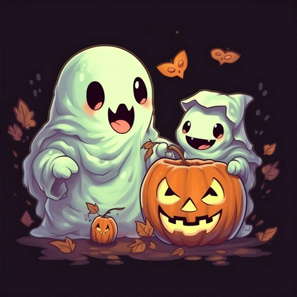 A funny ghosts on halloween celebration in a cemetery at night in cute cartoon style. Halloween by AI generated photo