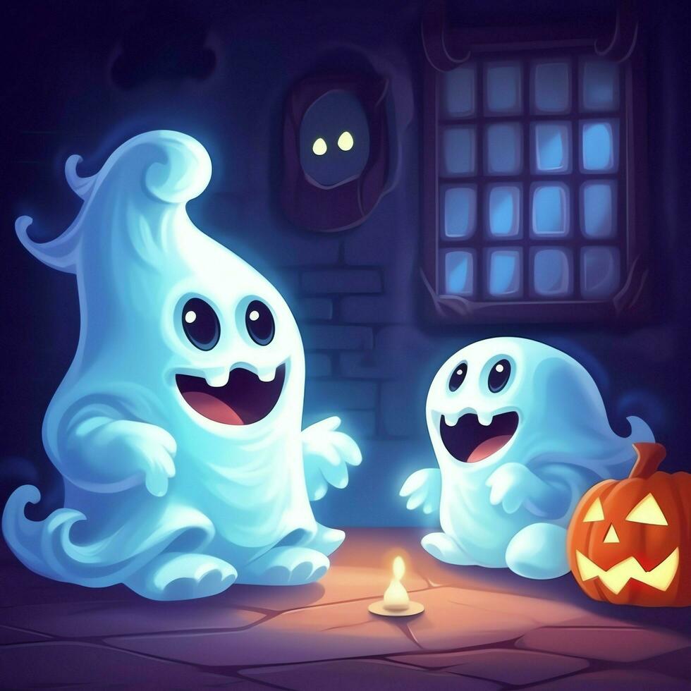 A funny ghosts on halloween celebration in a cemetery at night in cute cartoon style. Halloween by AI generated photo