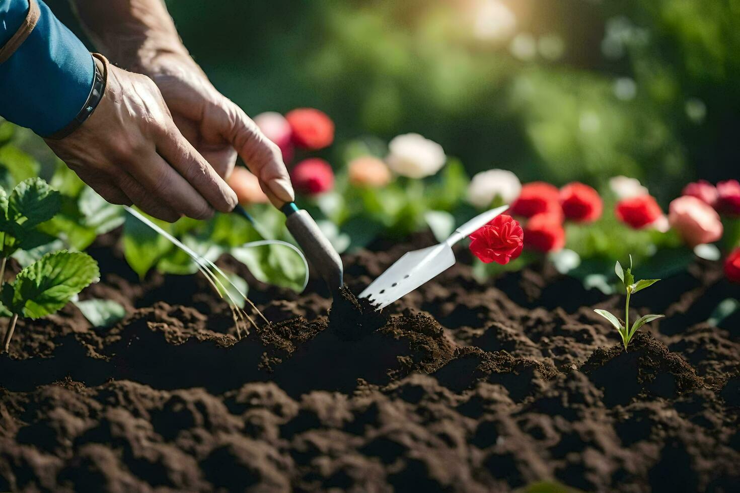 a person is using a garden tool to plant flowers. AI-Generated photo