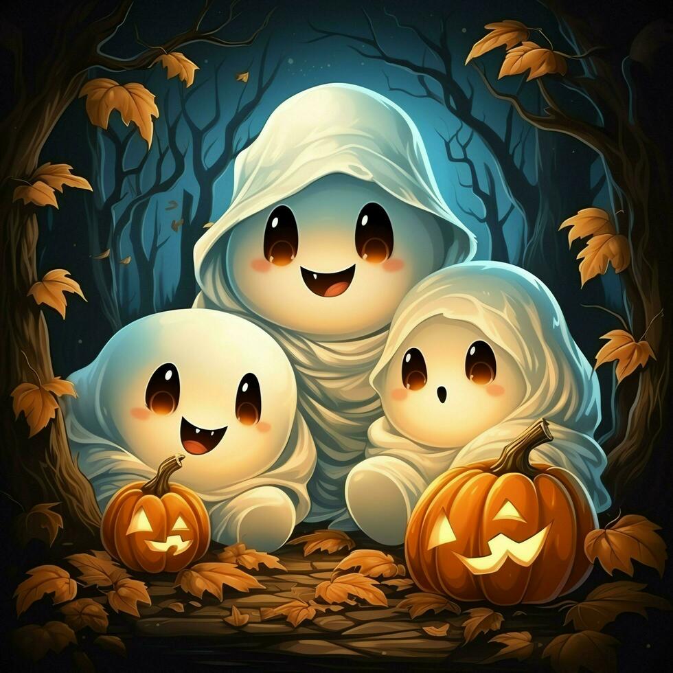 A funny ghosts on halloween celebration in a cemetery at night in cute cartoon style. Halloween by AI generated photo