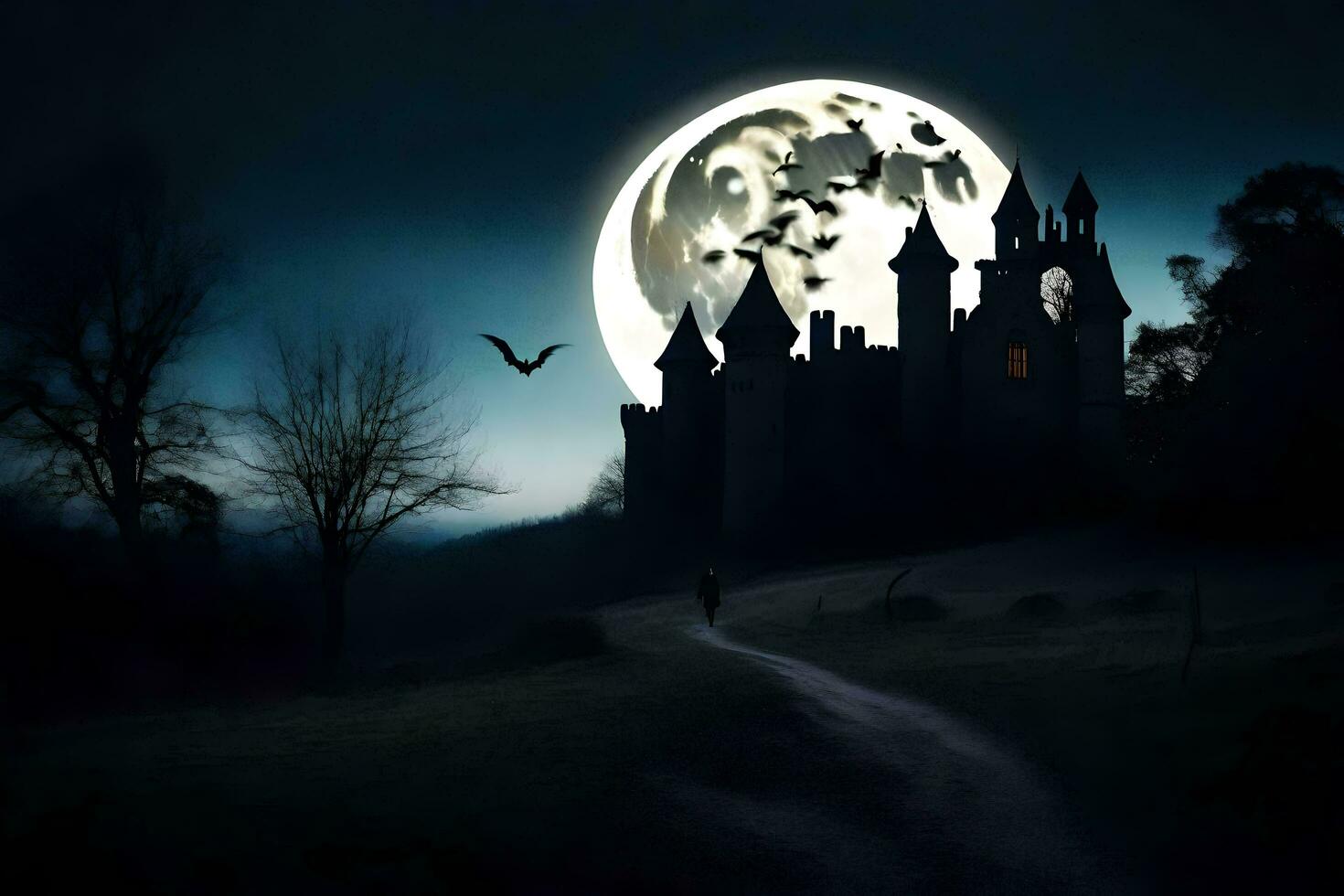 a full moon over a castle with bats flying around it. AI-Generated photo