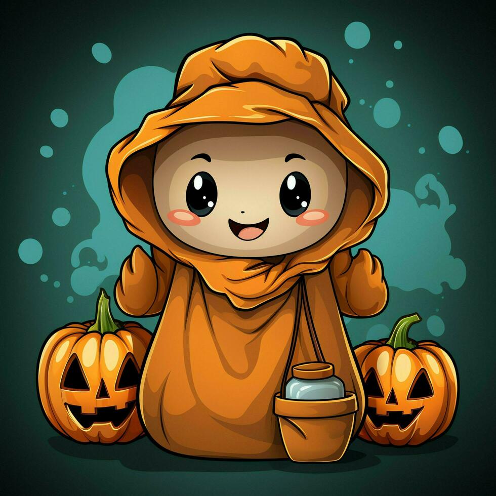 A funny ghosts on halloween celebration in a cemetery at night in cute cartoon style. Halloween by AI generated photo