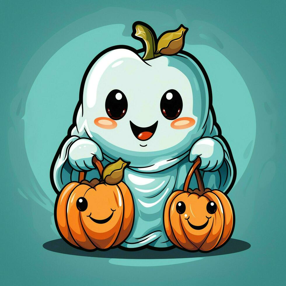 A funny ghosts on halloween celebration in a cemetery at night in cute cartoon style. Halloween by AI generated photo