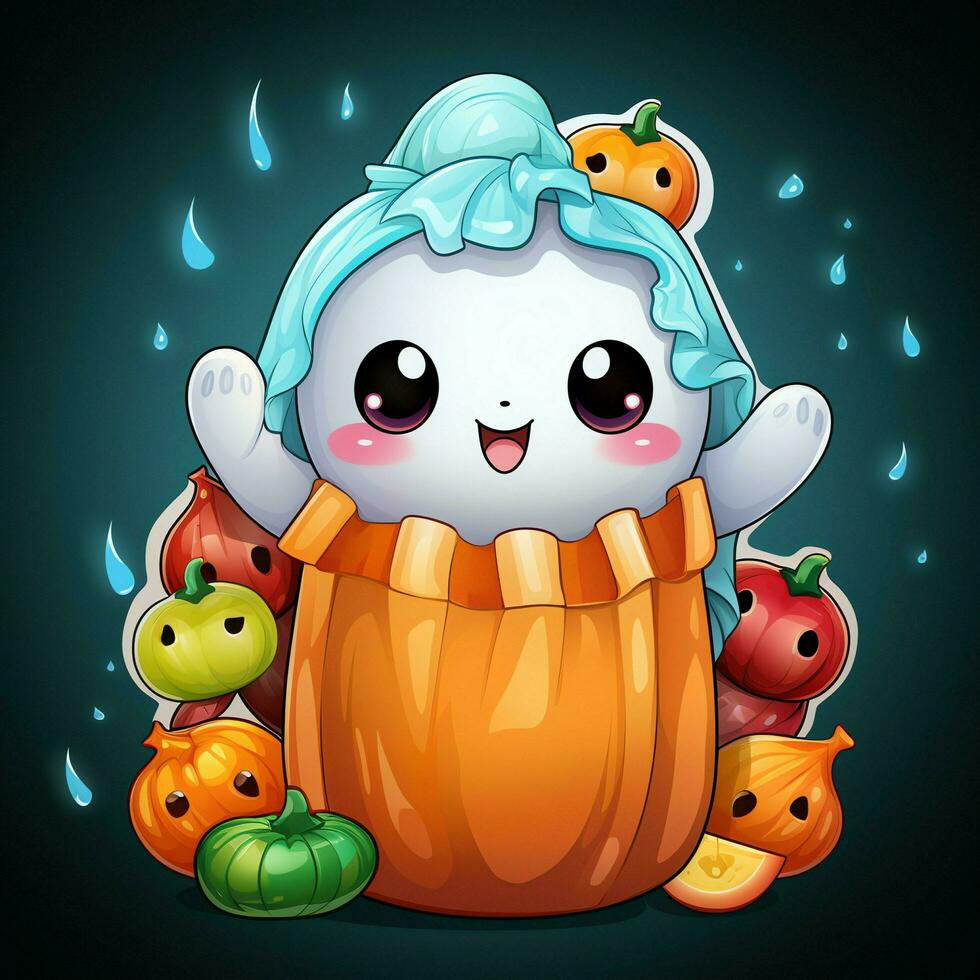 A funny ghosts on halloween celebration in a cemetery at night in cute cartoon style. Halloween by AI generated photo