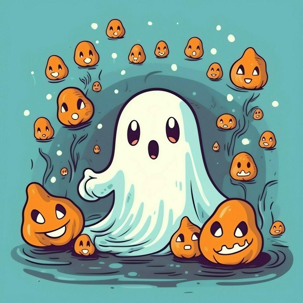 A funny ghosts on halloween celebration in a cemetery at night in cute cartoon style. Halloween by AI generated photo