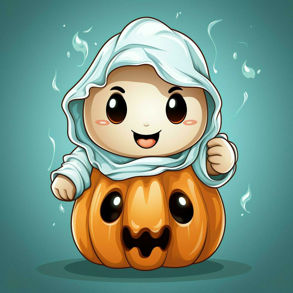 A funny ghosts on halloween celebration in a cemetery at night in cute cartoon style. Halloween by AI generated photo