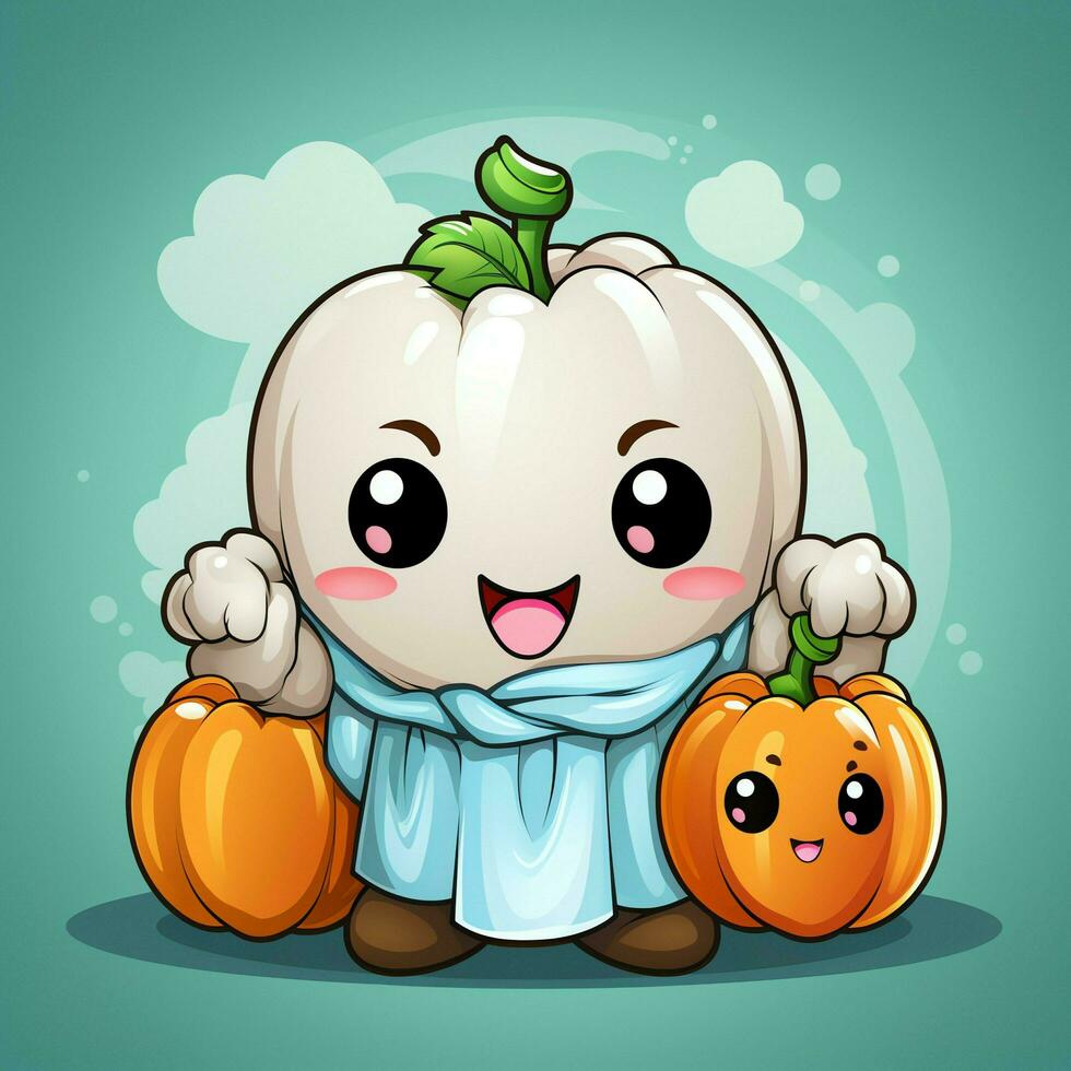 A funny ghosts on halloween celebration in a cemetery at night in cute cartoon style. Halloween by AI generated photo