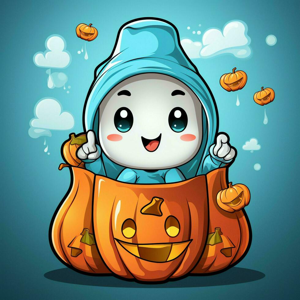 A funny ghosts on halloween celebration in a cemetery at night in cute cartoon style. Halloween by AI generated photo