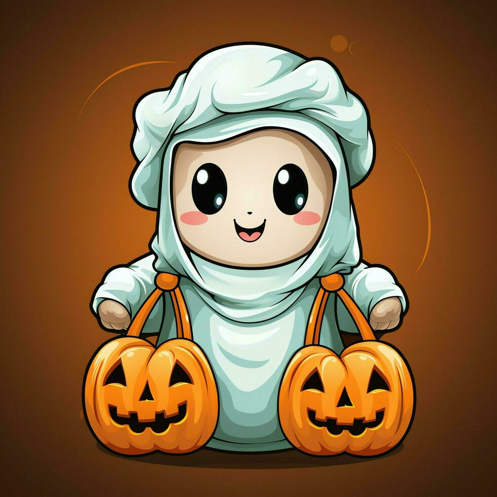 A funny ghosts on halloween celebration in a cemetery at night in cute cartoon style. Halloween by AI generated photo