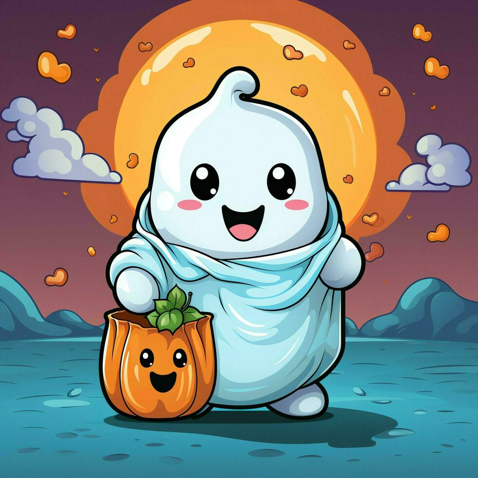 A funny ghosts on halloween celebration in a cemetery at night in cute cartoon style. Halloween by AI generated photo