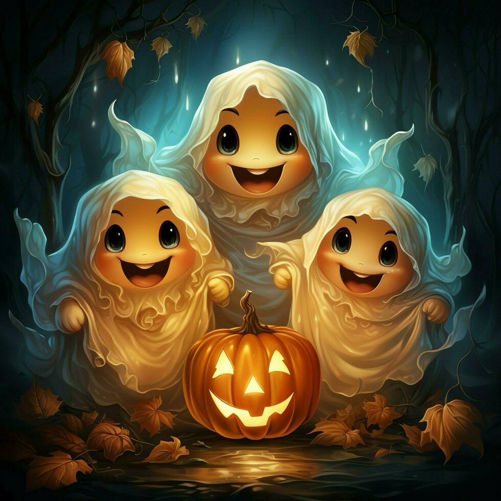 A funny ghosts on halloween celebration in a cemetery at night in cute cartoon style. Halloween by AI generated photo