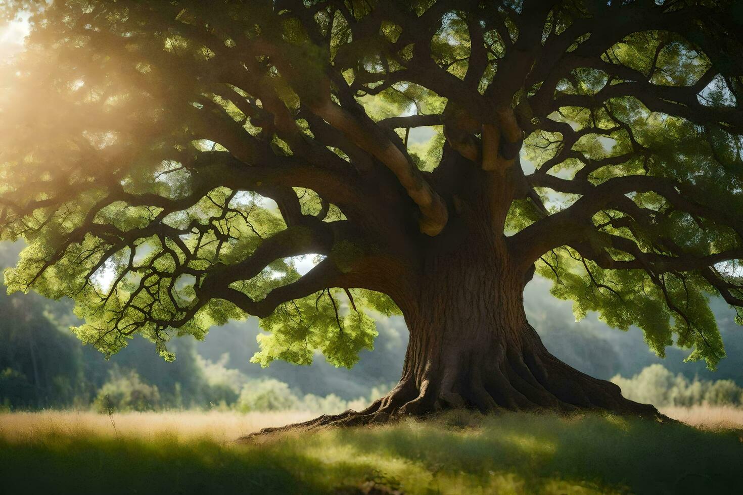 an old oak tree in the middle of a field. AI-Generated photo