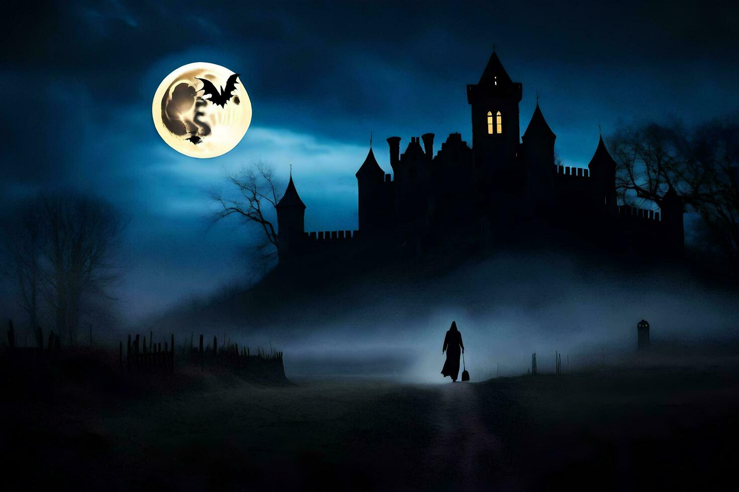 a person walking in front of a castle at night. AI-Generated photo