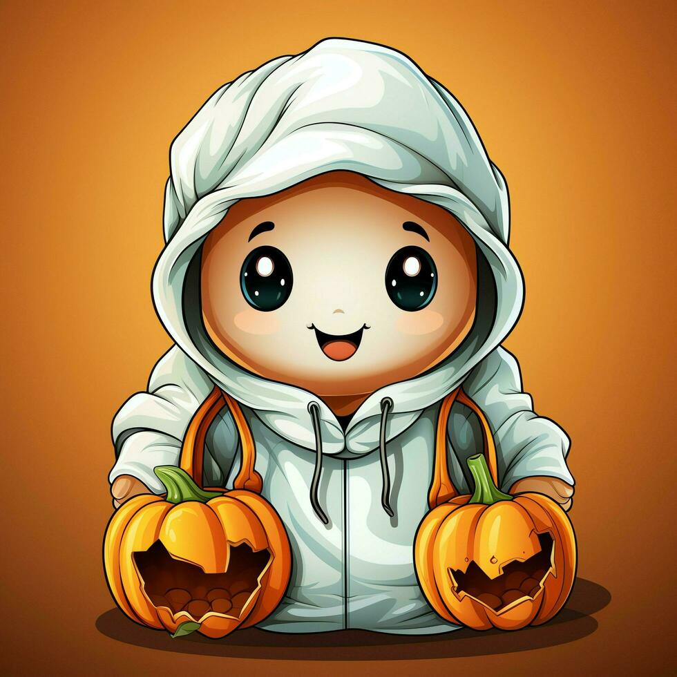 A funny ghosts on halloween celebration in a cemetery at night in cute cartoon style. Halloween by AI generated photo