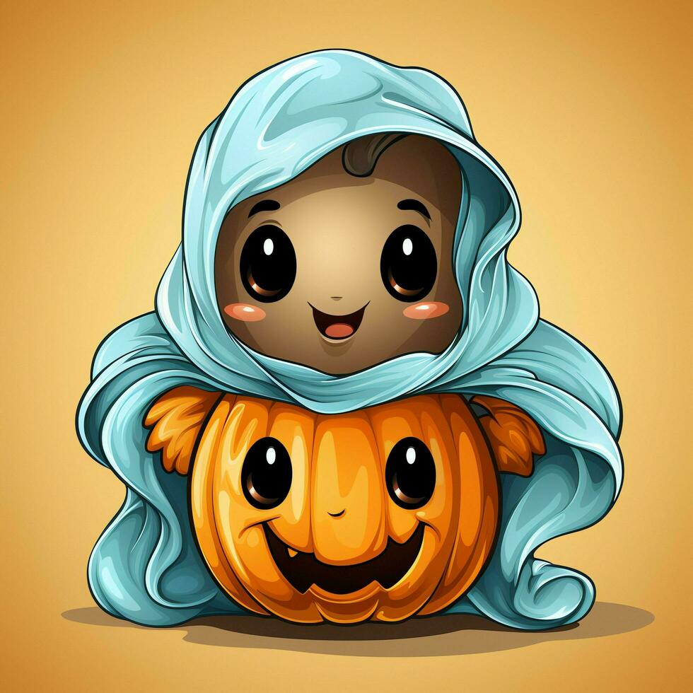 A funny ghosts on halloween celebration in a cemetery at night in cute cartoon style. Halloween by AI generated photo