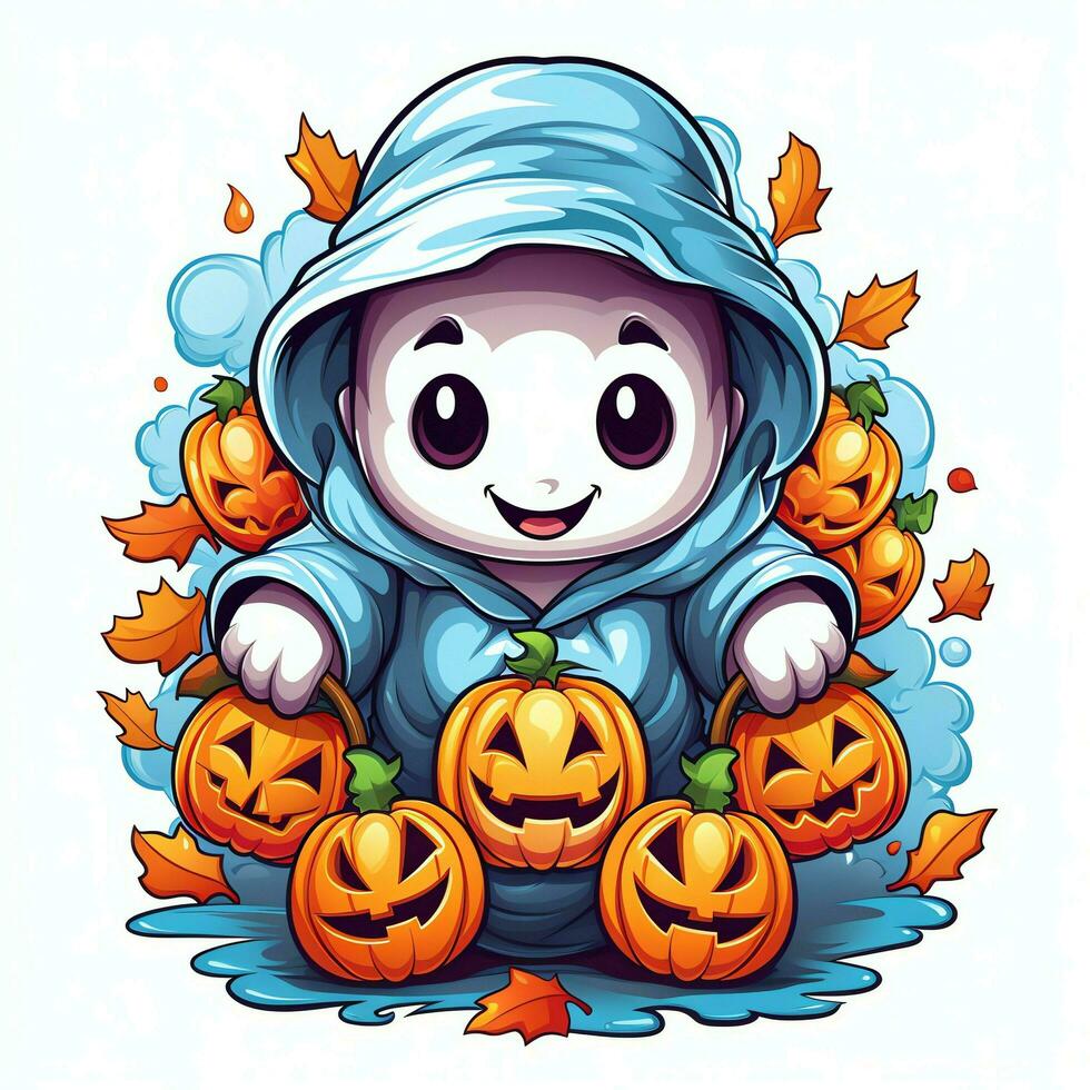 A funny ghosts on halloween celebration in a cemetery at night in cute cartoon style. Halloween by AI generated photo
