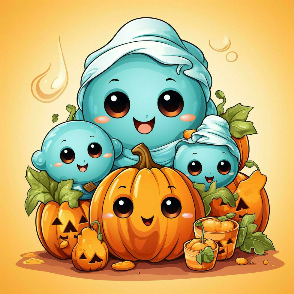 A funny ghosts on halloween celebration in a cemetery at night in cute cartoon style. Halloween by AI generated photo