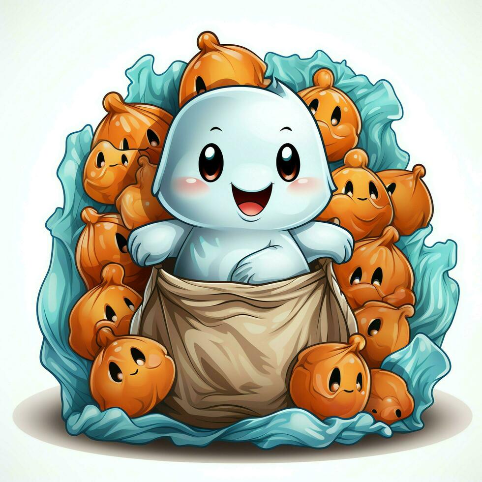 A funny ghosts on halloween celebration in a cemetery at night in cute cartoon style. Halloween by AI generated photo