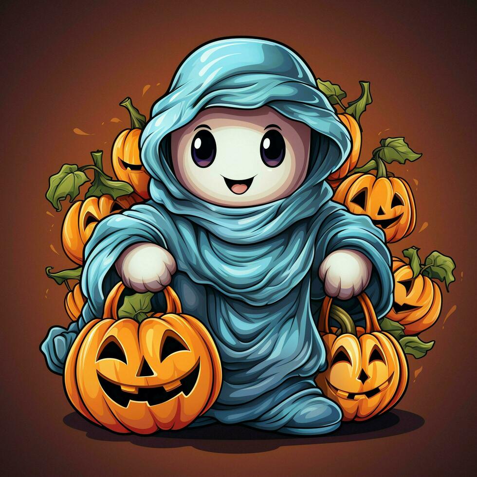 A funny ghosts on halloween celebration in a cemetery at night in cute cartoon style. Halloween by AI generated photo