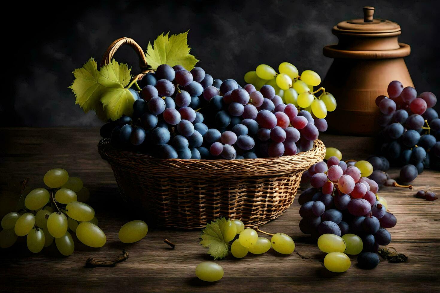 grapes in a basket on a table. AI-Generated photo