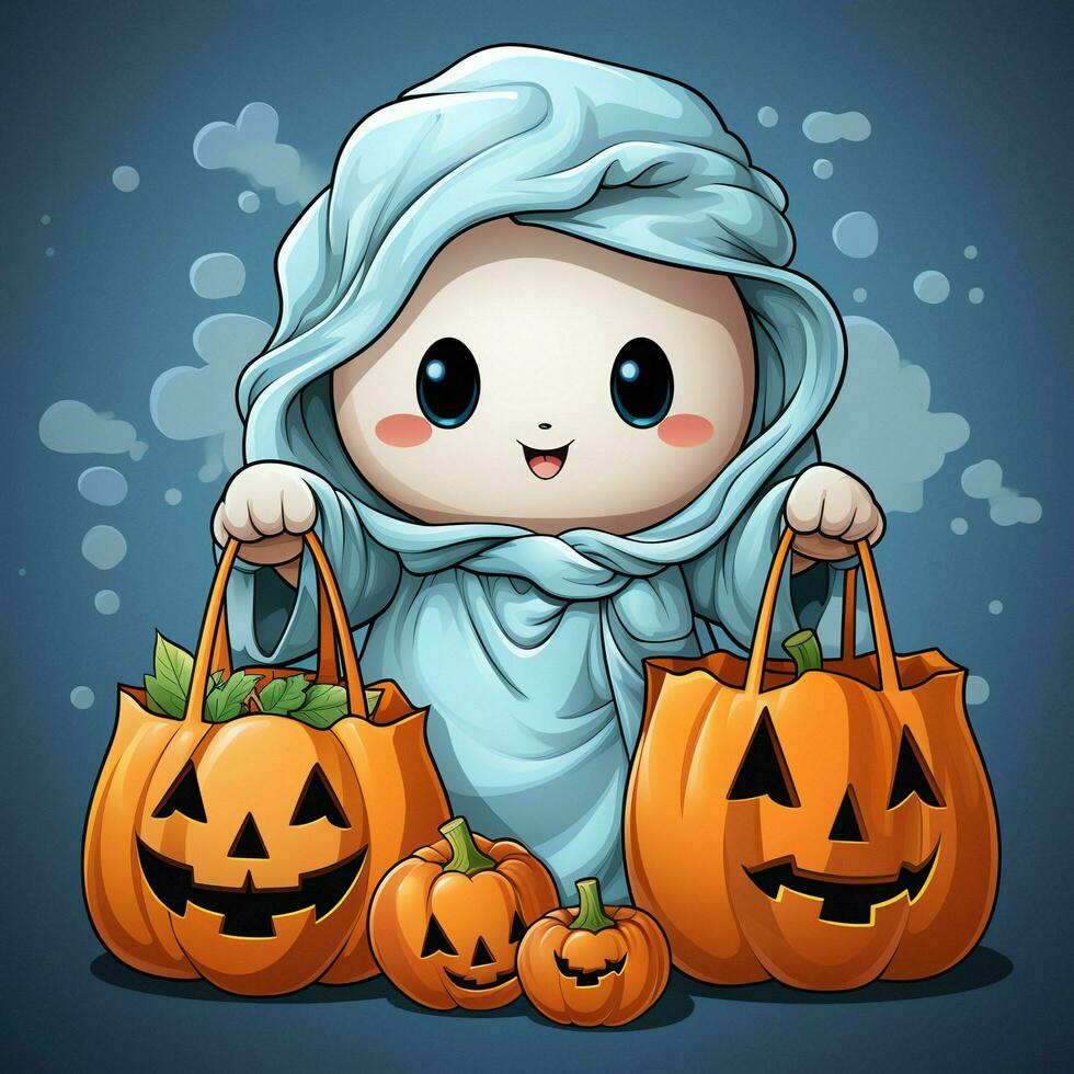 A funny ghosts on halloween celebration in a cemetery at night in cute cartoon style. Halloween by AI generated photo