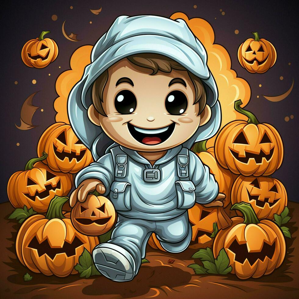 A funny ghosts on halloween celebration in a cemetery at night in cute cartoon style. Halloween by AI generated photo