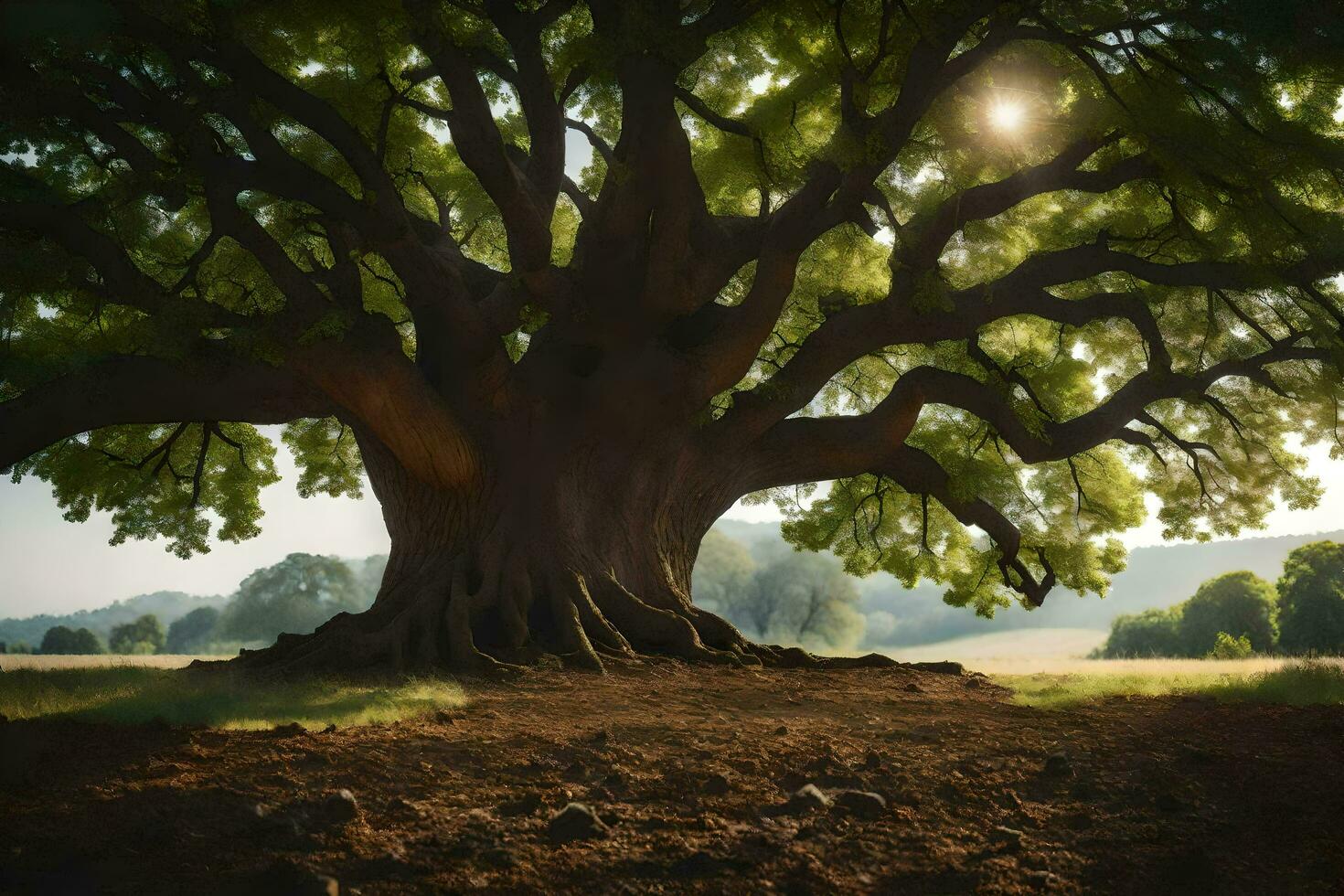 the big tree in the middle of a field. AI-Generated photo