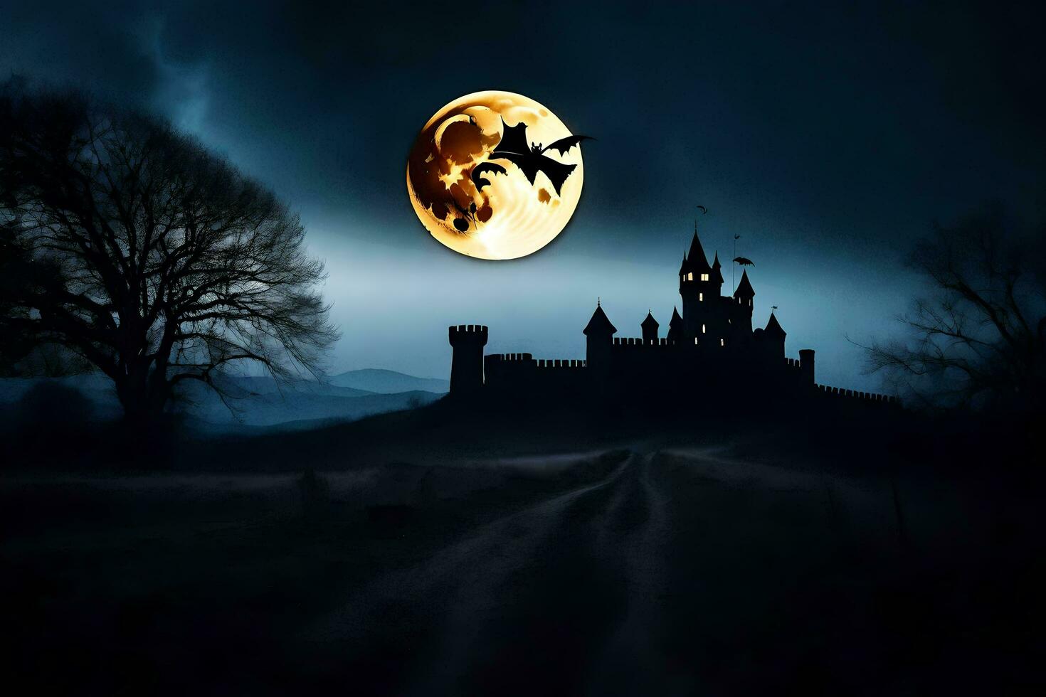 halloween castle with a full moon in the sky. AI-Generated photo