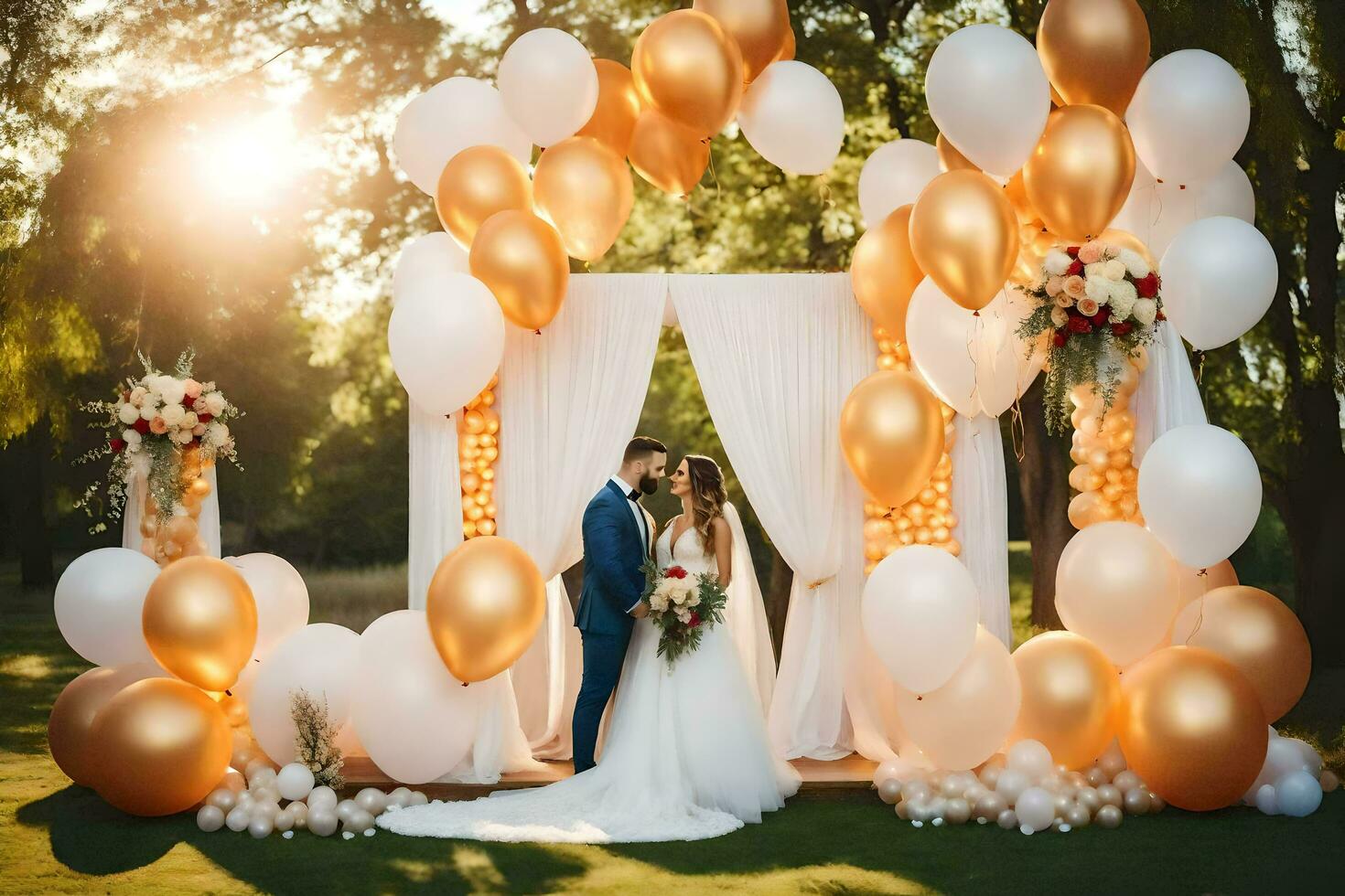 wedding couple in the garden with gold balloons. AI-Generated photo