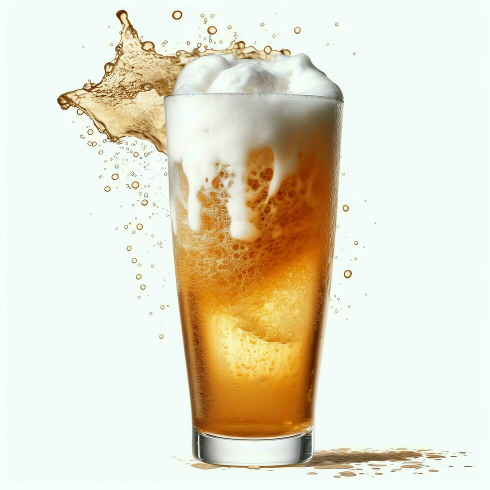 A glass of cold fresh beer with cap of foam. Splash of foam with tasty american beer. Beer day concept by AI Generated photo