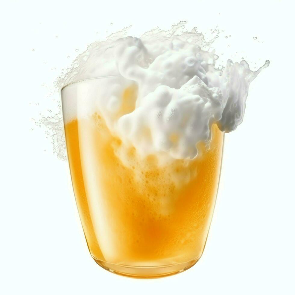 un vaso de frío Fresco cerveza con gorra de espuma. chapoteo de espuma con sabroso americano cerveza. cerveza día concepto por ai generado foto