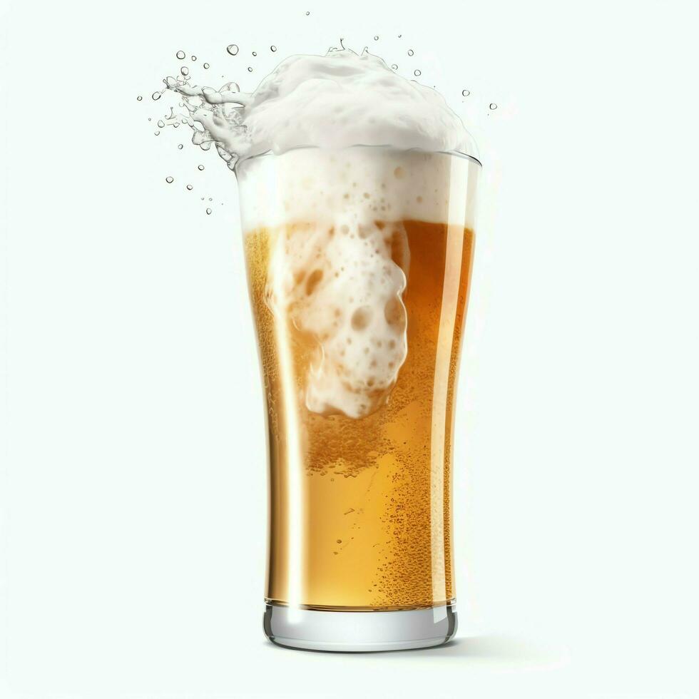 A glass of cold fresh beer with cap of foam. Splash of foam with tasty american beer. Beer day concept by AI Generated photo