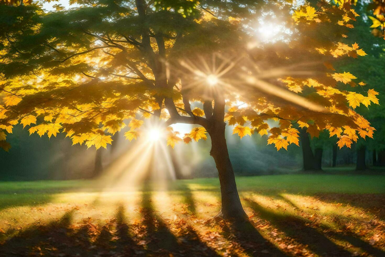 sunbeams shine through the leaves of a tree in an autumn park. AI-Generated photo