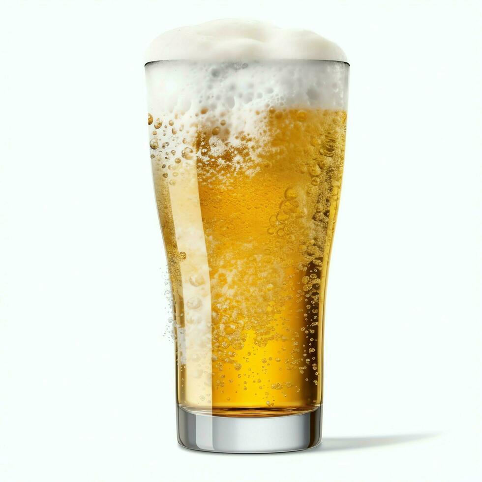 A glass of cold fresh beer with cap of foam. Splash of foam with tasty american beer. Beer day concept by AI Generated photo