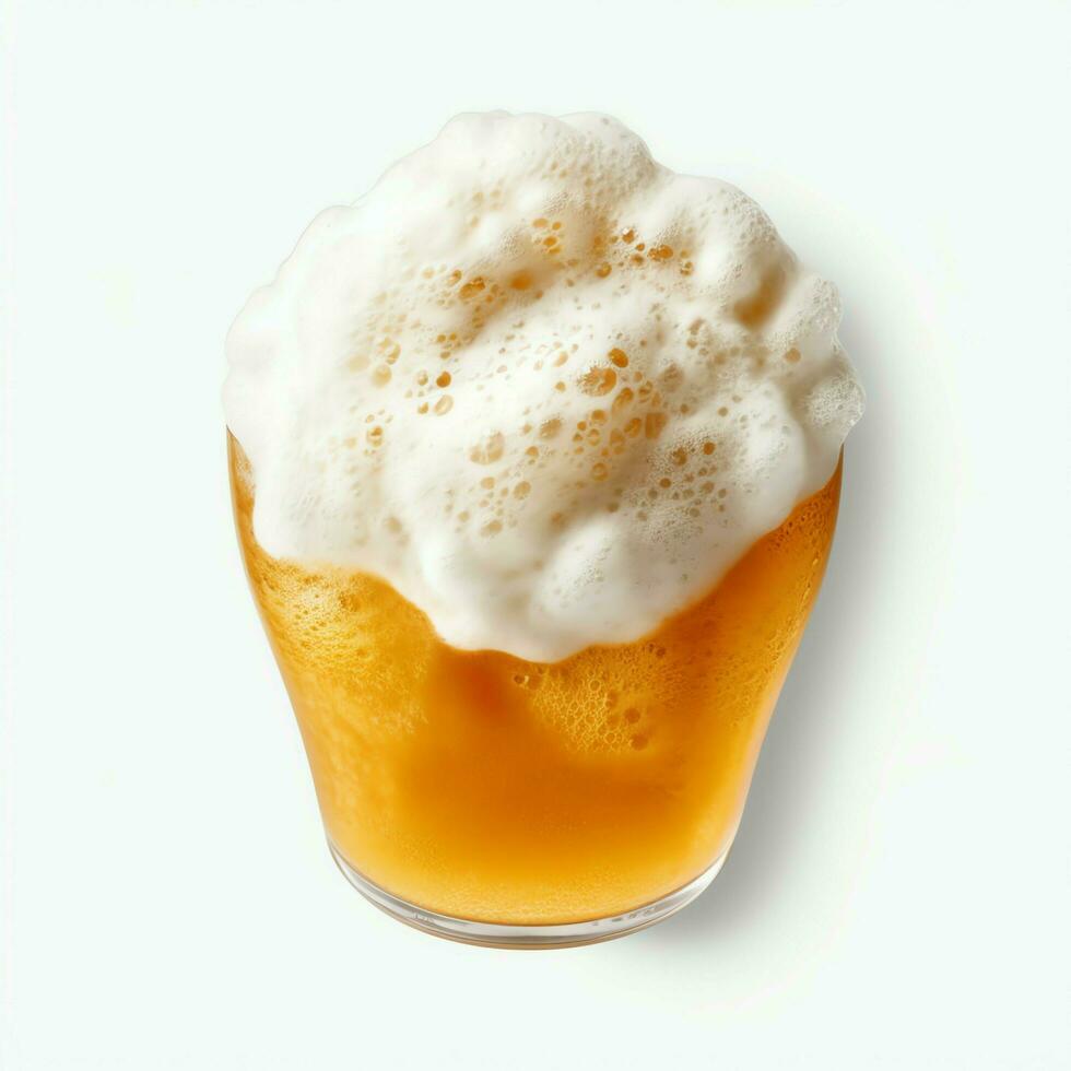 un vaso de frío Fresco cerveza con gorra de espuma. chapoteo de espuma con sabroso americano cerveza. cerveza día concepto por ai generado foto