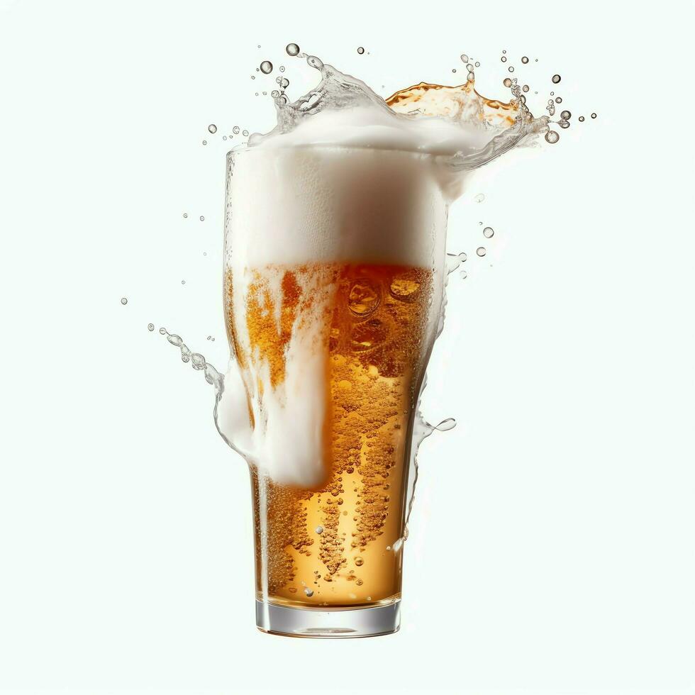 un vaso de frío Fresco cerveza con gorra de espuma. chapoteo de espuma con sabroso americano cerveza. cerveza día concepto por ai generado foto