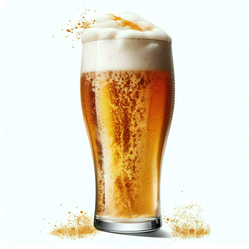 A glass of cold fresh beer with cap of foam. Splash of foam with tasty american beer. Beer day concept by AI Generated photo