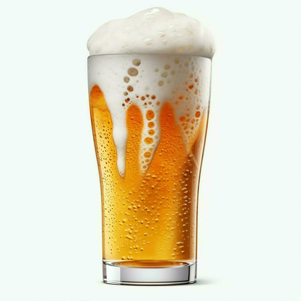 A glass of cold fresh beer with cap of foam. Splash of foam with tasty american beer. Beer day concept by AI Generated photo