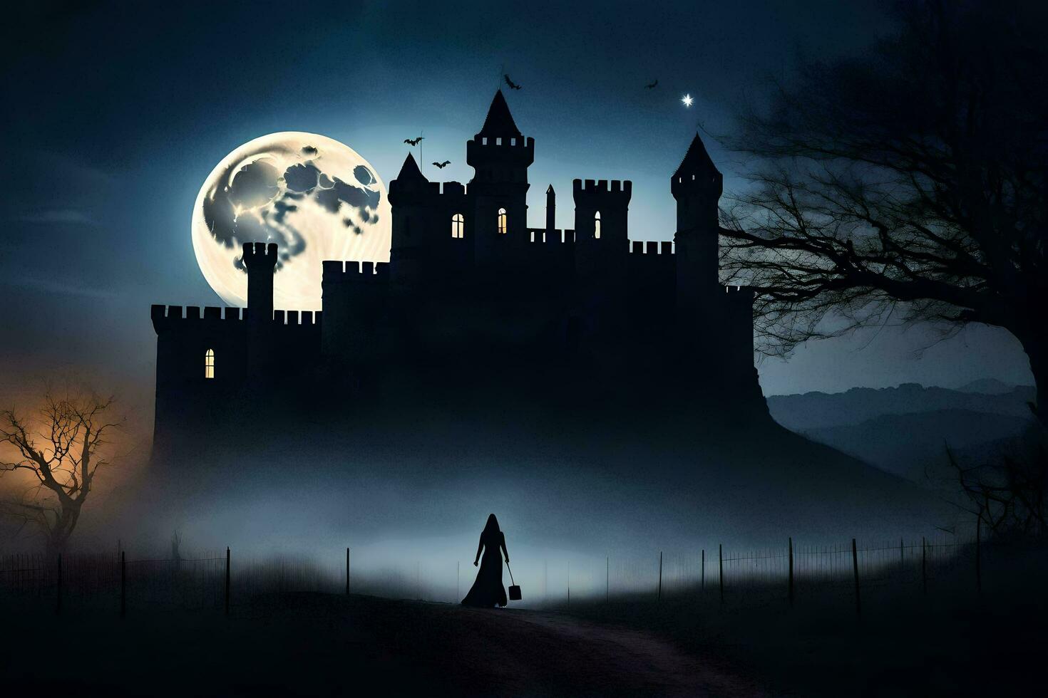 a woman walks through a dark forest at night with a castle in the background. AI-Generated photo