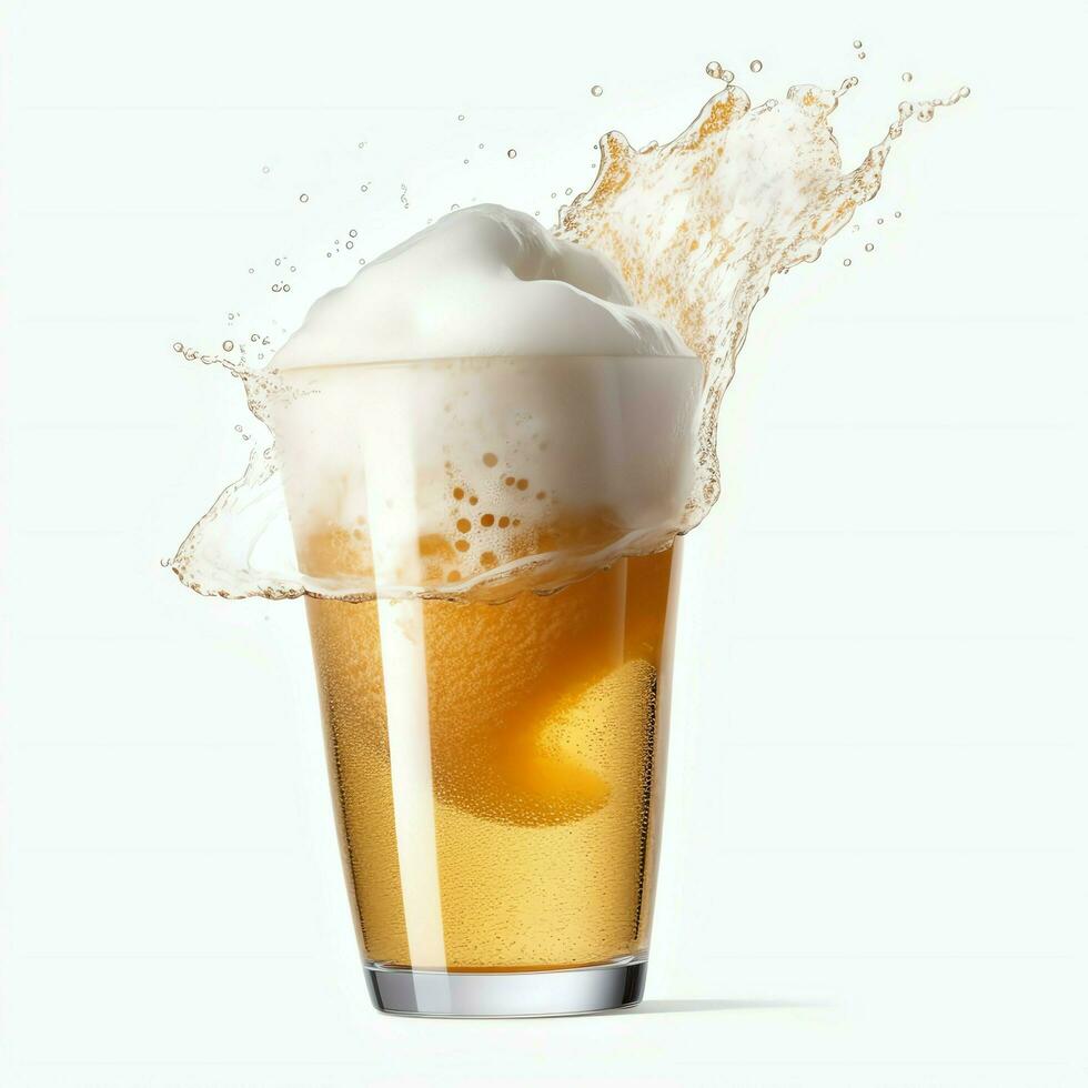 A glass of cold fresh beer with cap of foam. Splash of foam with tasty american beer. Beer day concept by AI Generated photo