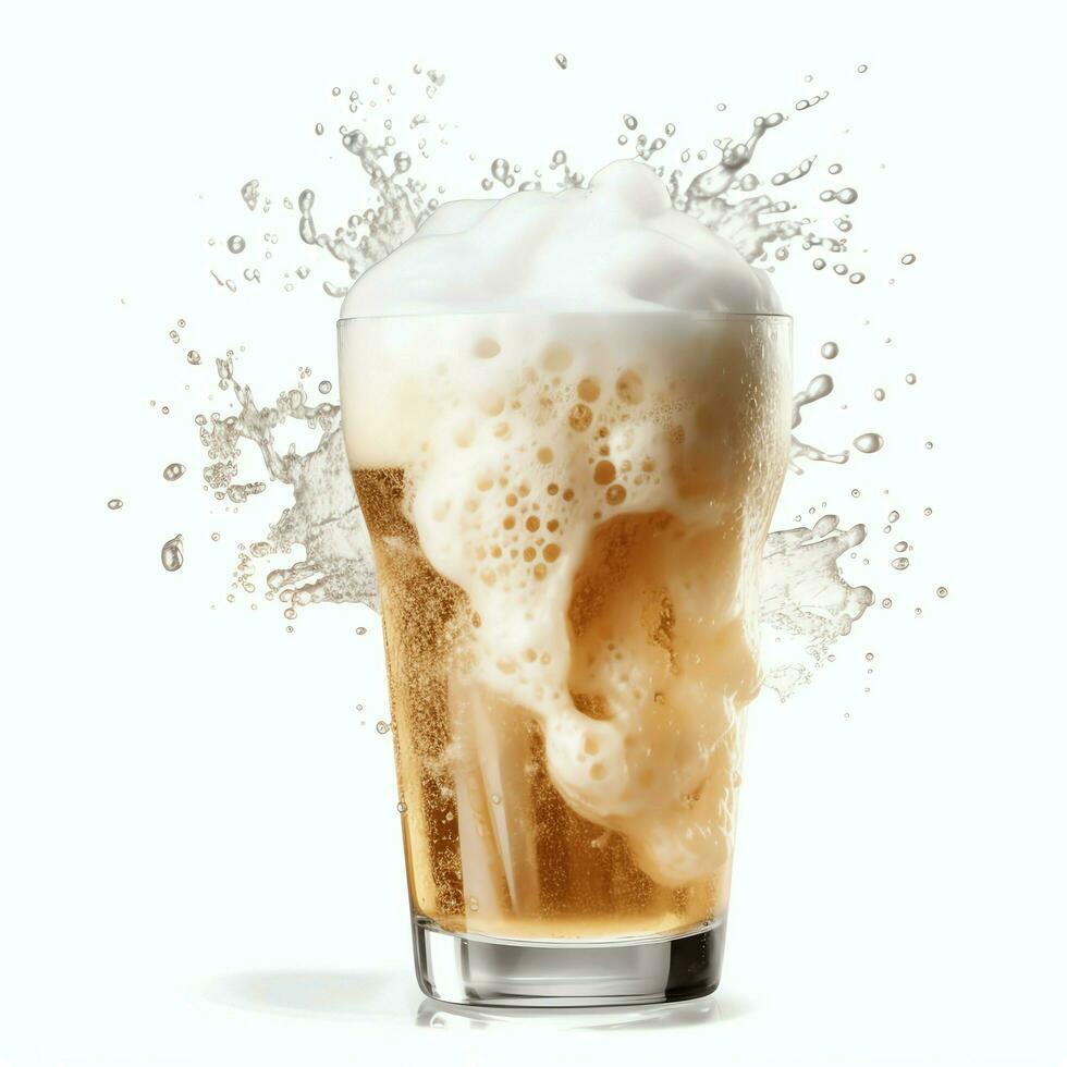 A glass of cold fresh beer with cap of foam. Splash of foam with tasty american beer. Beer day concept by AI Generated photo