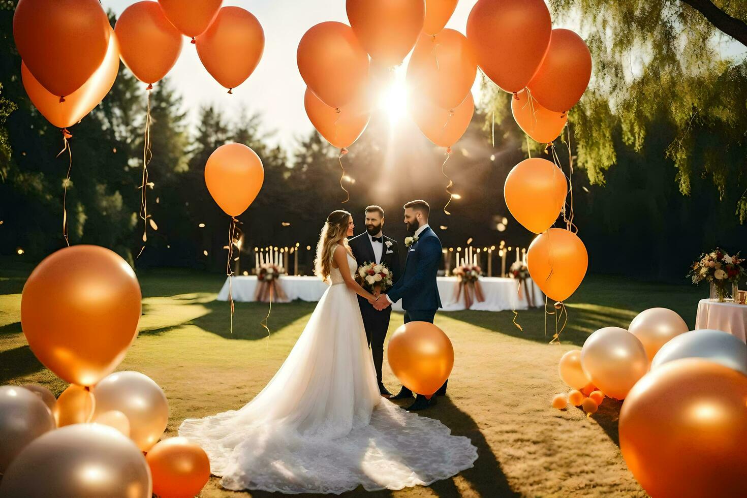 a bride and groom standing under orange balloons. AI-Generated photo
