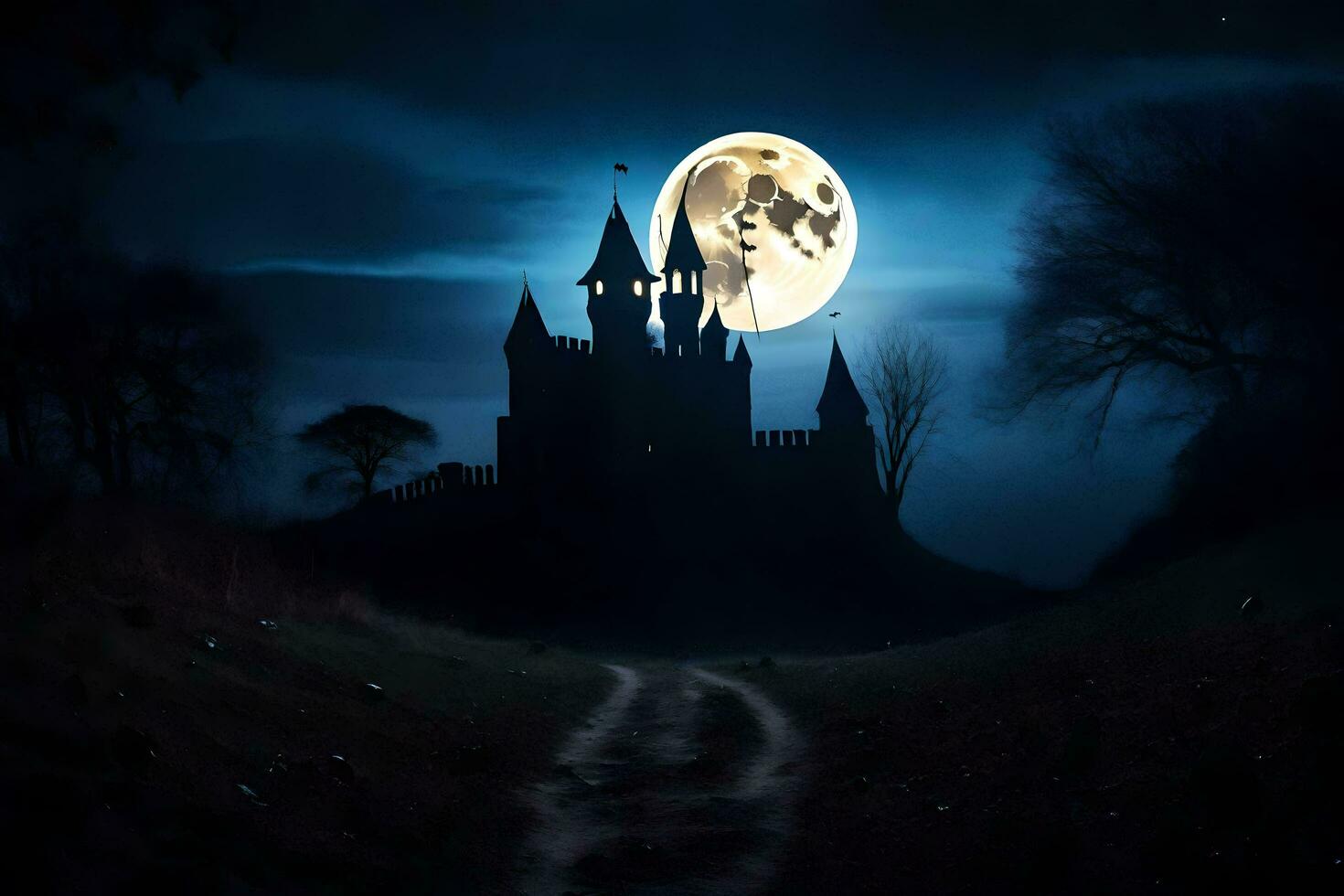 a castle in the dark with a full moon. AI-Generated photo