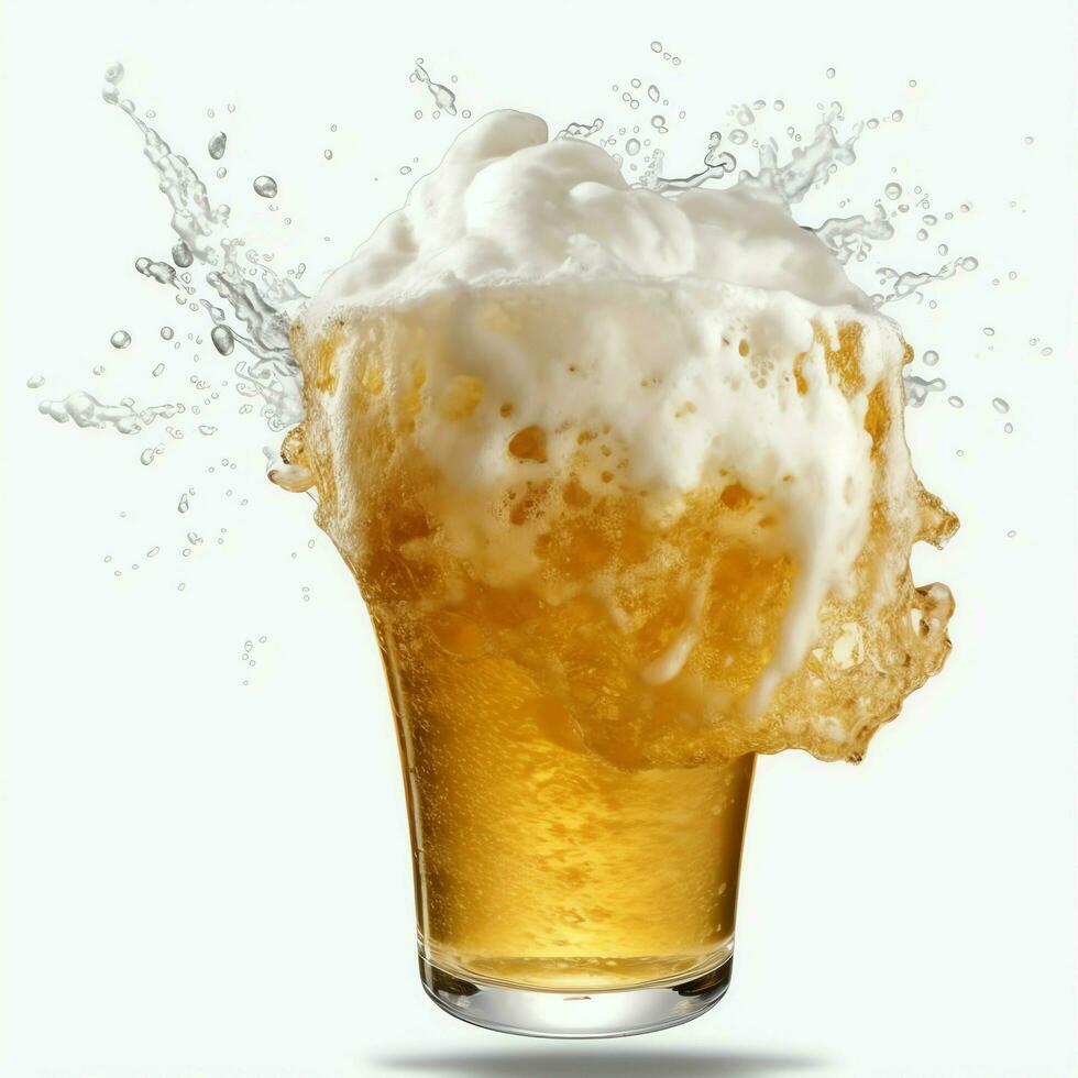 A glass of cold fresh beer with cap of foam. Splash of foam with tasty american beer. Beer day concept by AI Generated photo