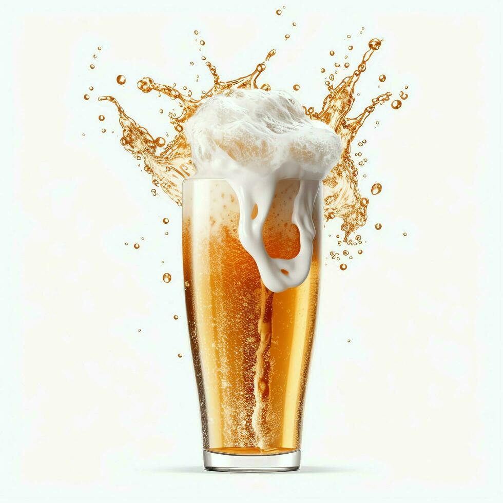 A glass of cold fresh beer with cap of foam. Splash of foam with tasty american beer. Beer day concept by AI Generated photo