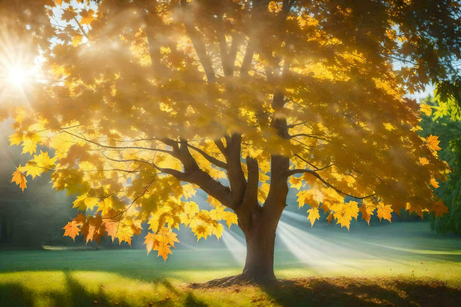 the sun shines through the leaves of a tree. AI-Generated photo