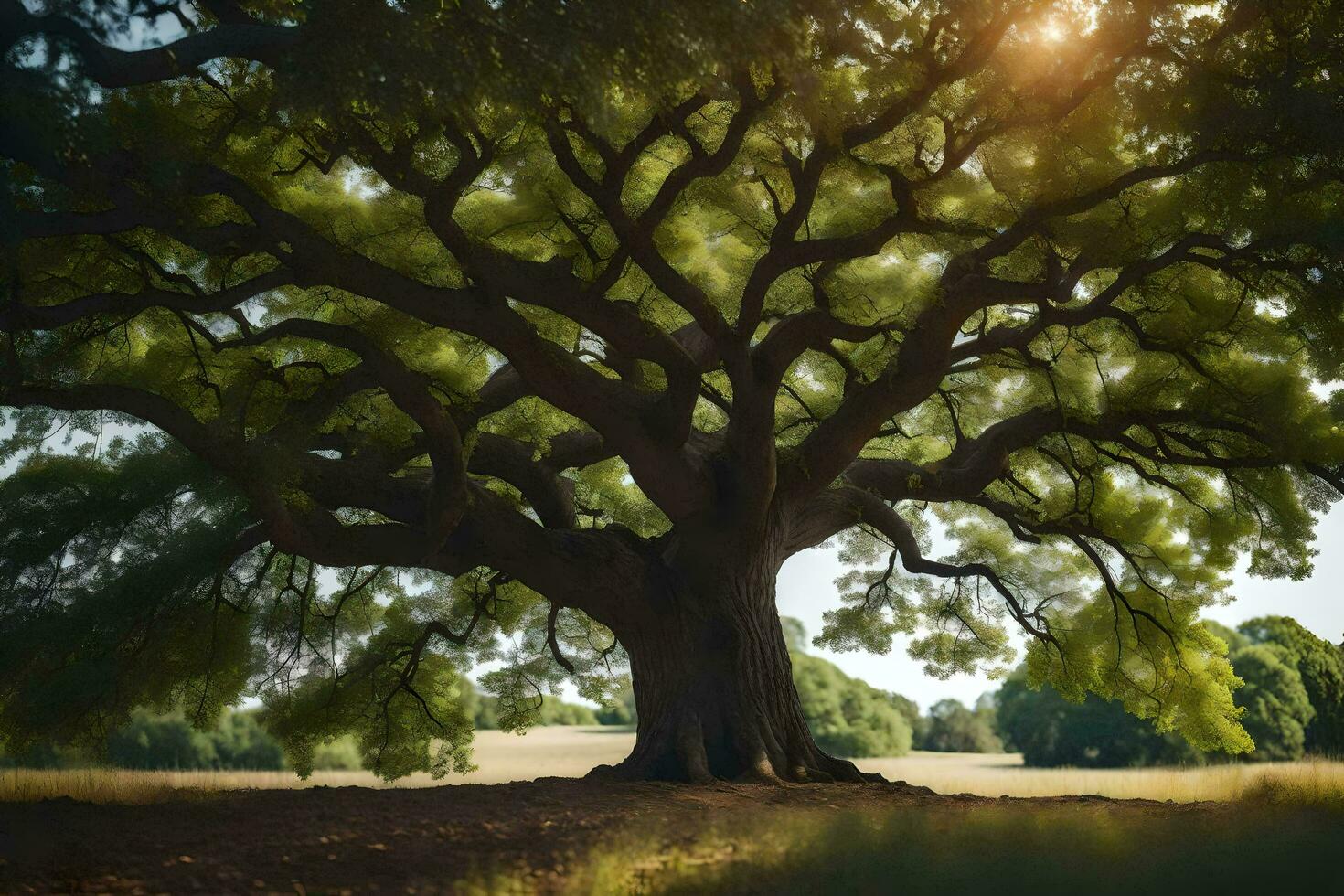 the sun shines through the branches of an old oak tree. AI-Generated photo