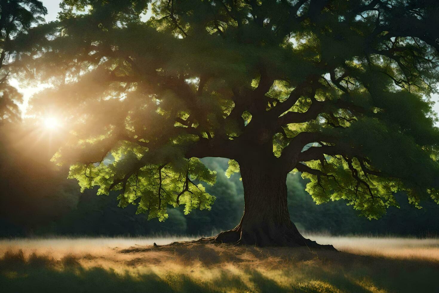 an oak tree in the middle of a field. AI-Generated photo